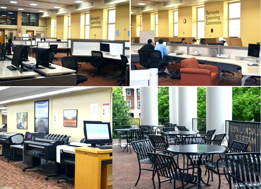 Collage of four images: the top two photos show study spaces with long tables holding desktop computers and power outlets with empty desk space for devices. Some students sit in desk chairs working at the tables. One bottom photo shows multiple large format poster printers in a row.  The final photo shows an outdoor study space with large bulky columns, a metal railing, and chairs clustered around circular tables.