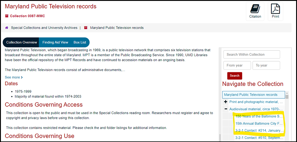 Screenshot of the Maryland Public Television records