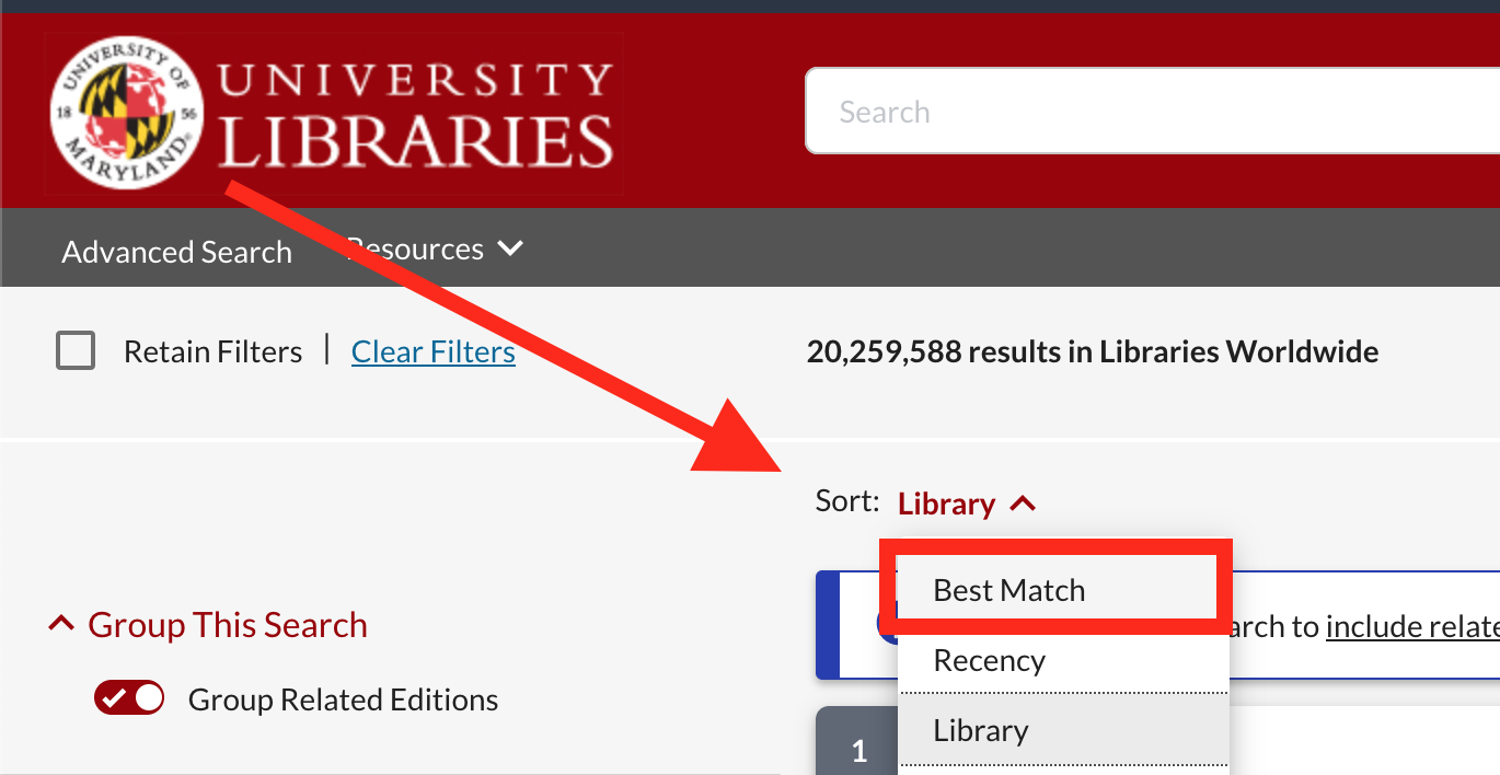 Arrow pointing to sort options highlighting best match sort