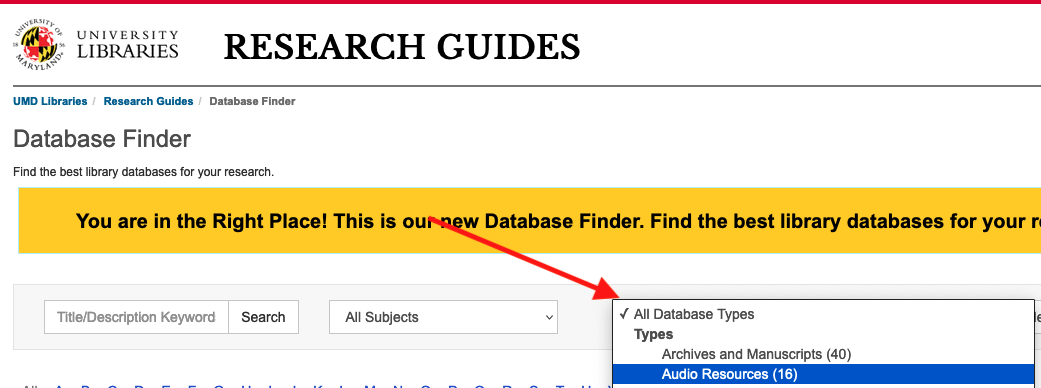 Arrow pointing to location of database types dropdown menu