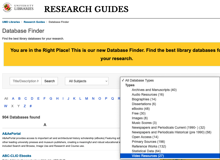 Location of video resources in Database Finder