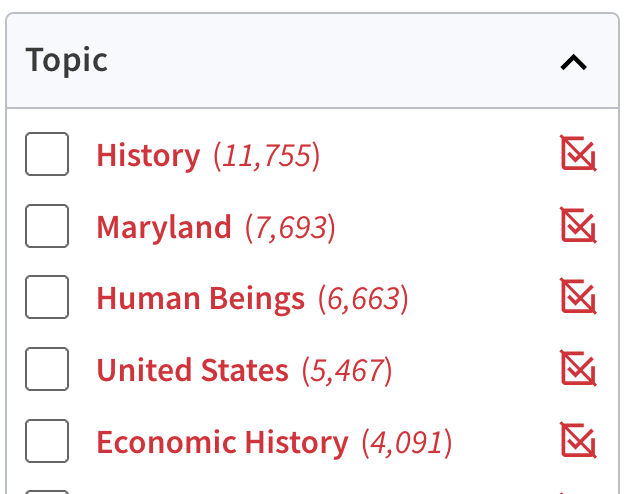 Screenshot of the topic filters in UMD Discover