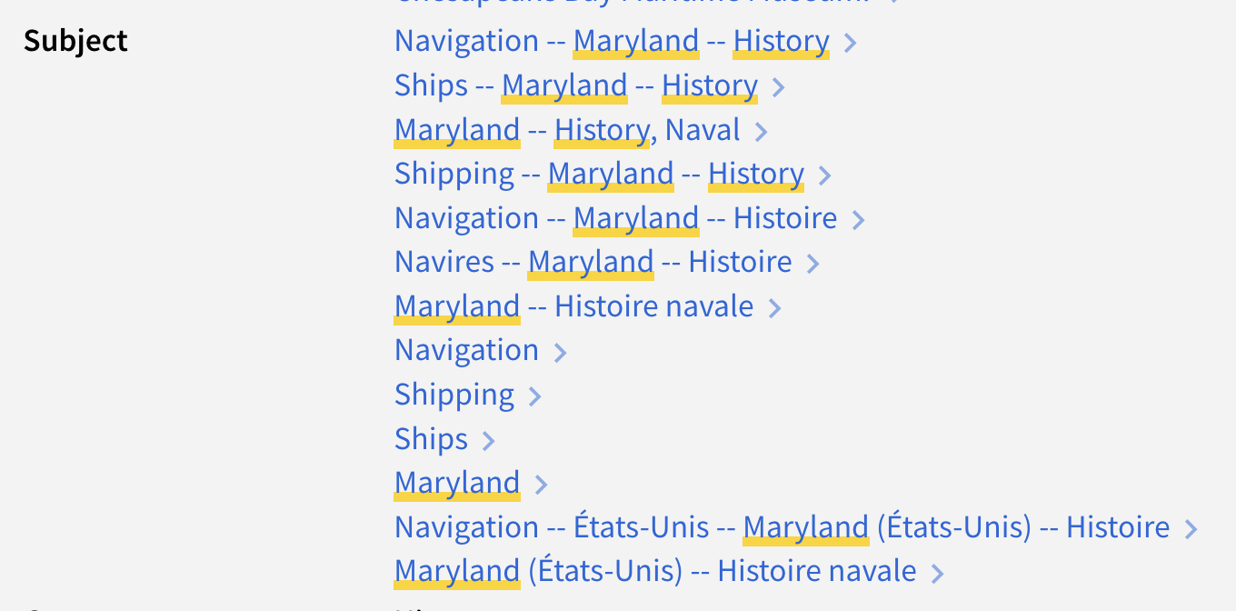 Screenshot illustrating a list of subject terms in a UMD Discover record