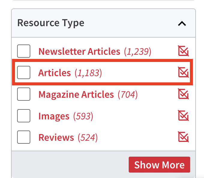 Screenshot showing the Article filter under Resource Type in UMD DIscover