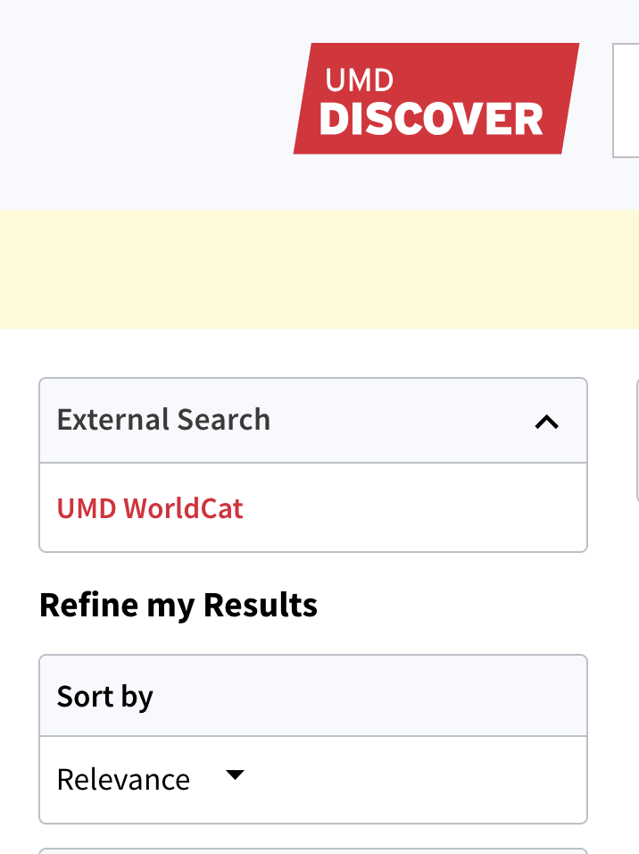 Screenshot of the UMD Discover interface illustrating the location of the WorldCat UMD Link