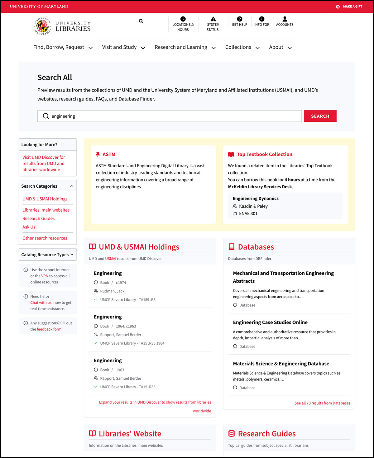 static image of the top of a Search All results page, showing the boxed arrangement of results