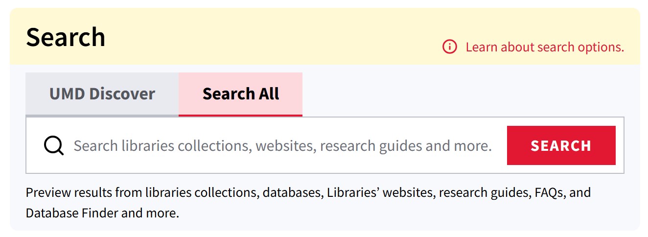 The tabbed homepage search interface with Search All selected.The prompt says 'Search library collections, websites, research guides, and more.'