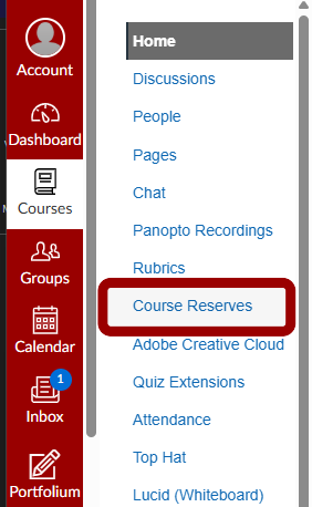 Image from ELMS. Red menu options down the left side has Courses highlighted in white. Next Menu in has a list that starts with Home with Course Reserves circled in red.