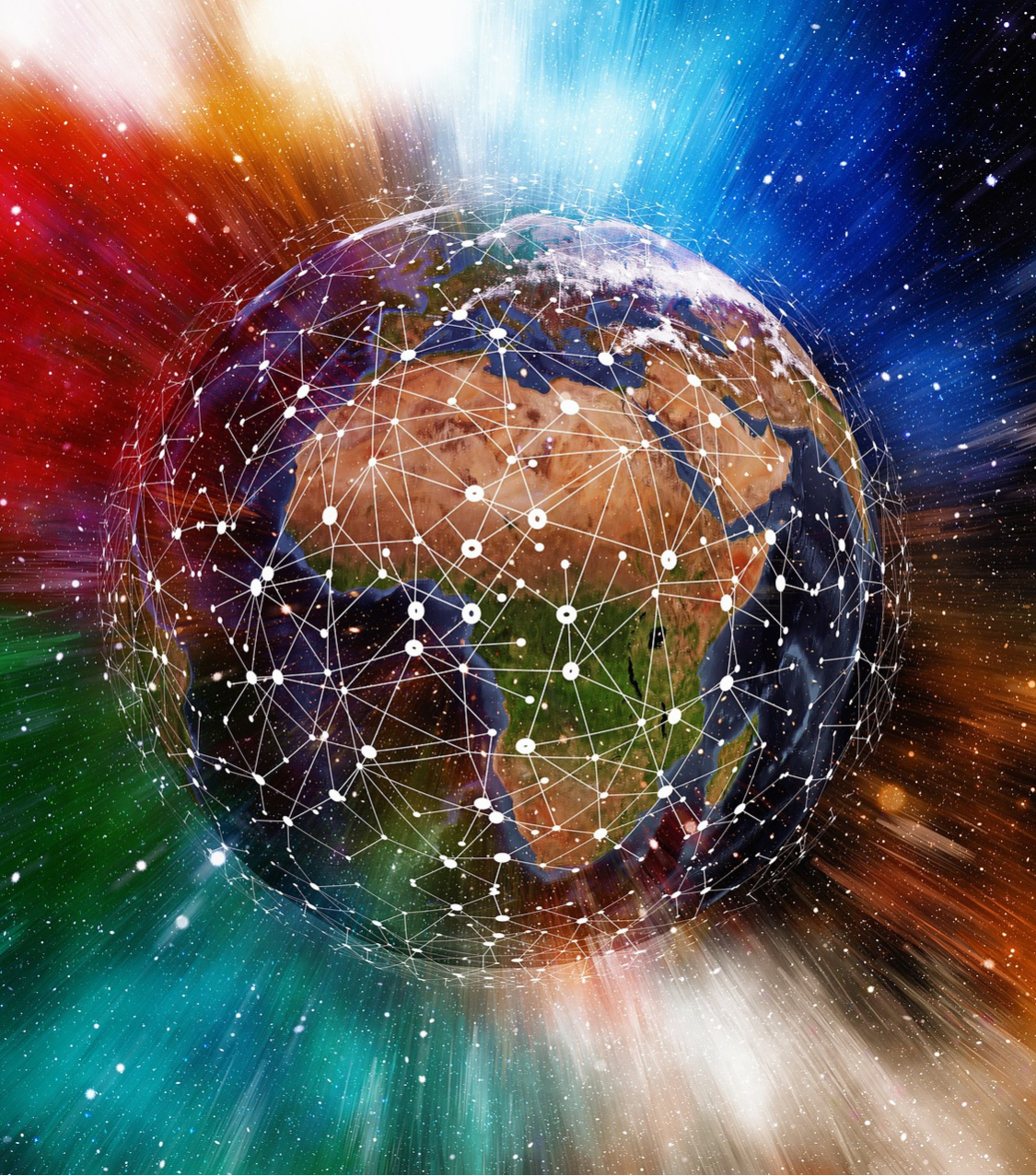 An image of a globe superimposed by an illustration of a network surrounded by rainbow colored light