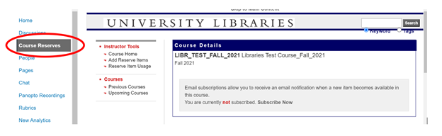 Course reserves highlighted on left menu