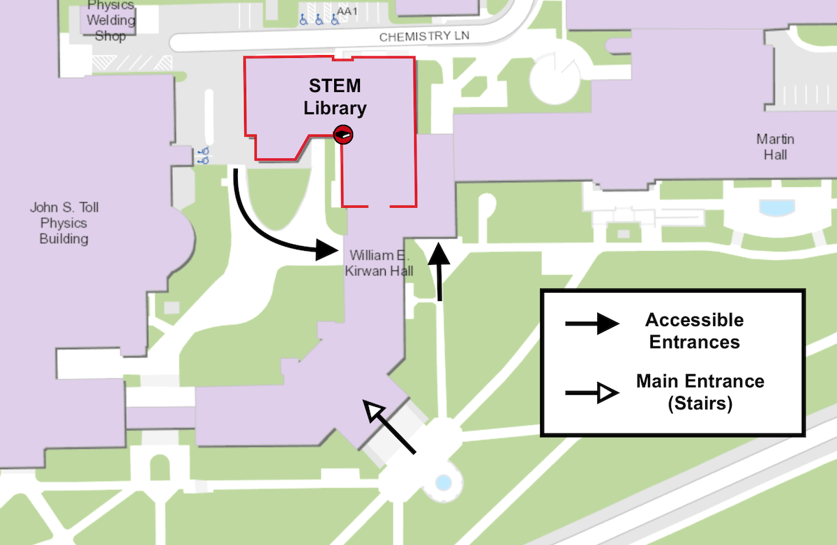 Accessible entrances to Kirwan Hall and STEM Library