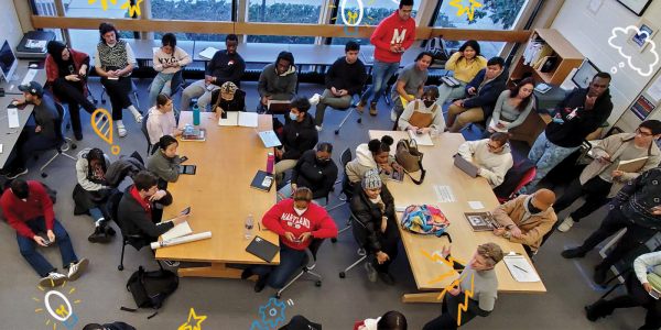 Birds-eye view of a student instruction session in the Architecture Library.