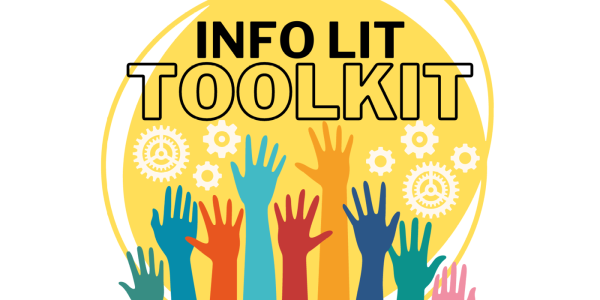 Info Lit Toolkit with gears and hands reaching up.