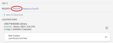 UMD Discover Item Record with Showing request button example