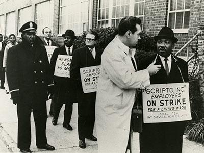 Martin Luther King Jr. on the picket line for Scripto Strike, January 15, 1965