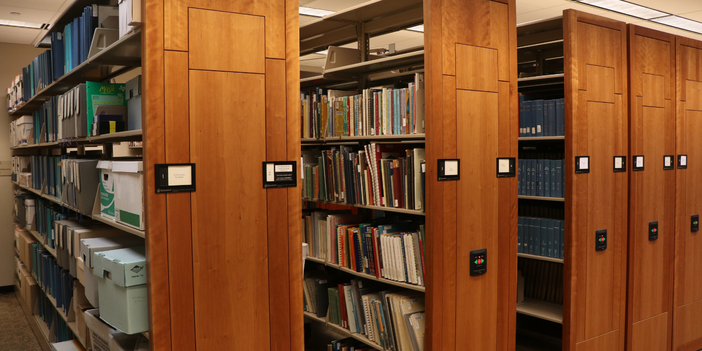 Shelves within the Special Collections for the Performing Arts.