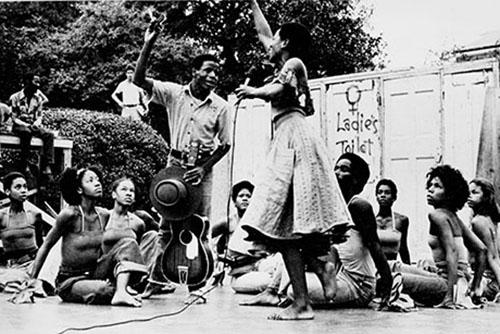 Students from Black fraternities and sororities performing in 1977