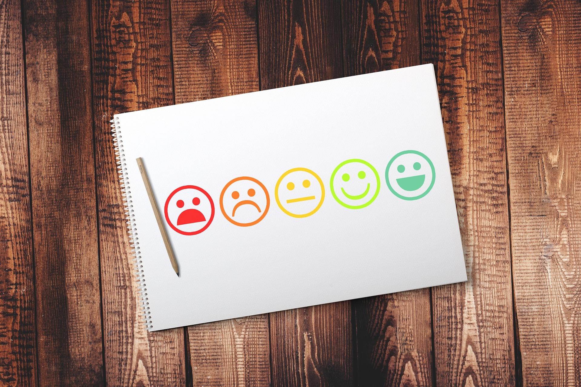 Image of a notebook with five rainbow colored smiley faces displaying a range of emotions