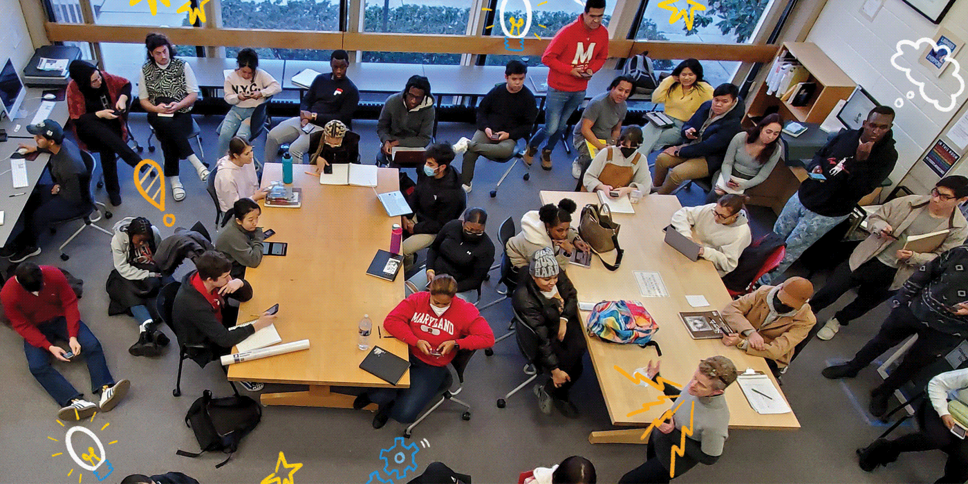 Birds-eye view of a student instruction session in the Architecture Library.