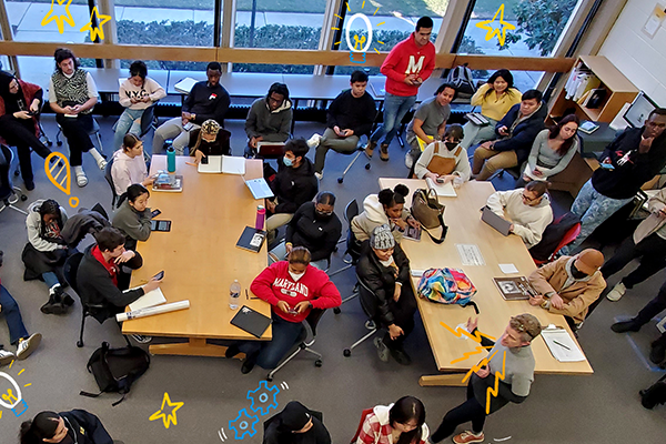 A birds-eye view of an instruction session at the Architecture Library.