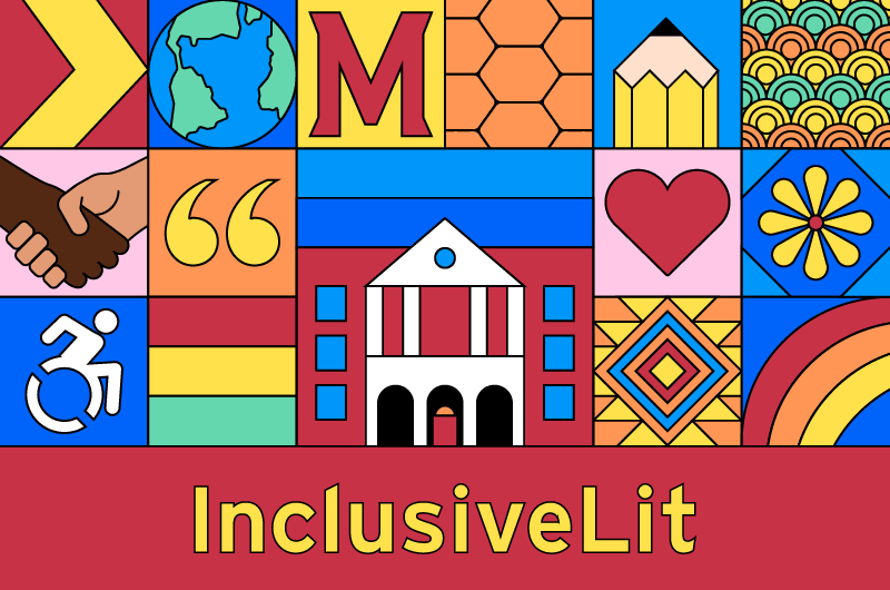 Graphic image with doodles of pencils, world, McKeldin and more with words Inclusive Lit.