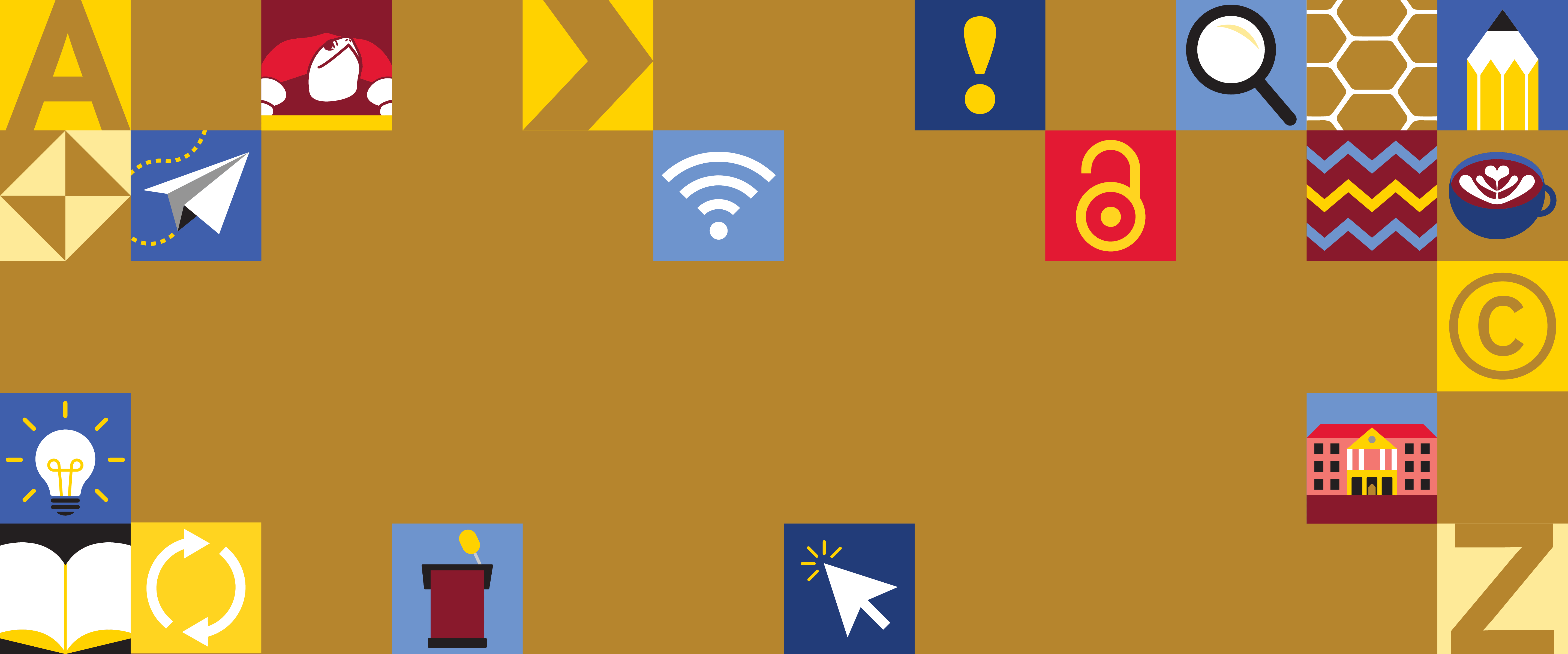 Stylized icons on a yellow background.