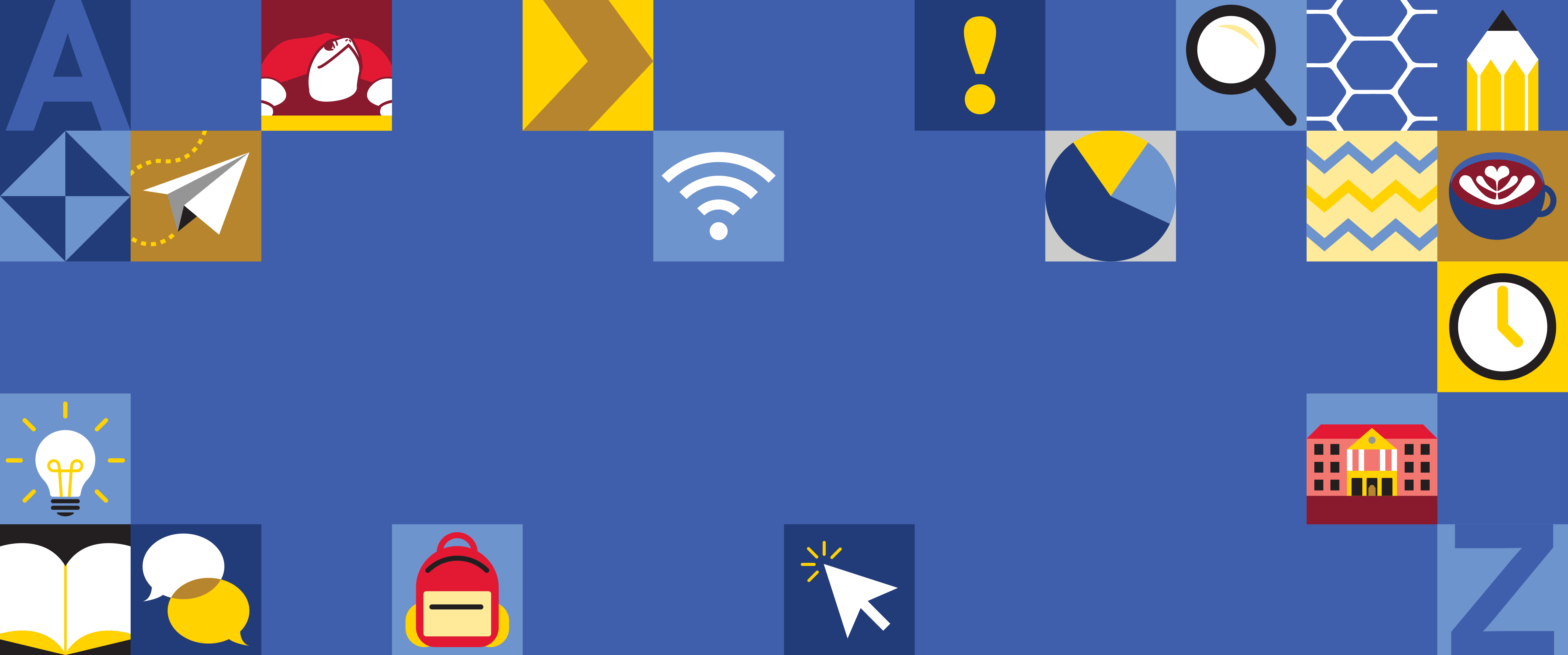 Stylized icons on a blue background.
