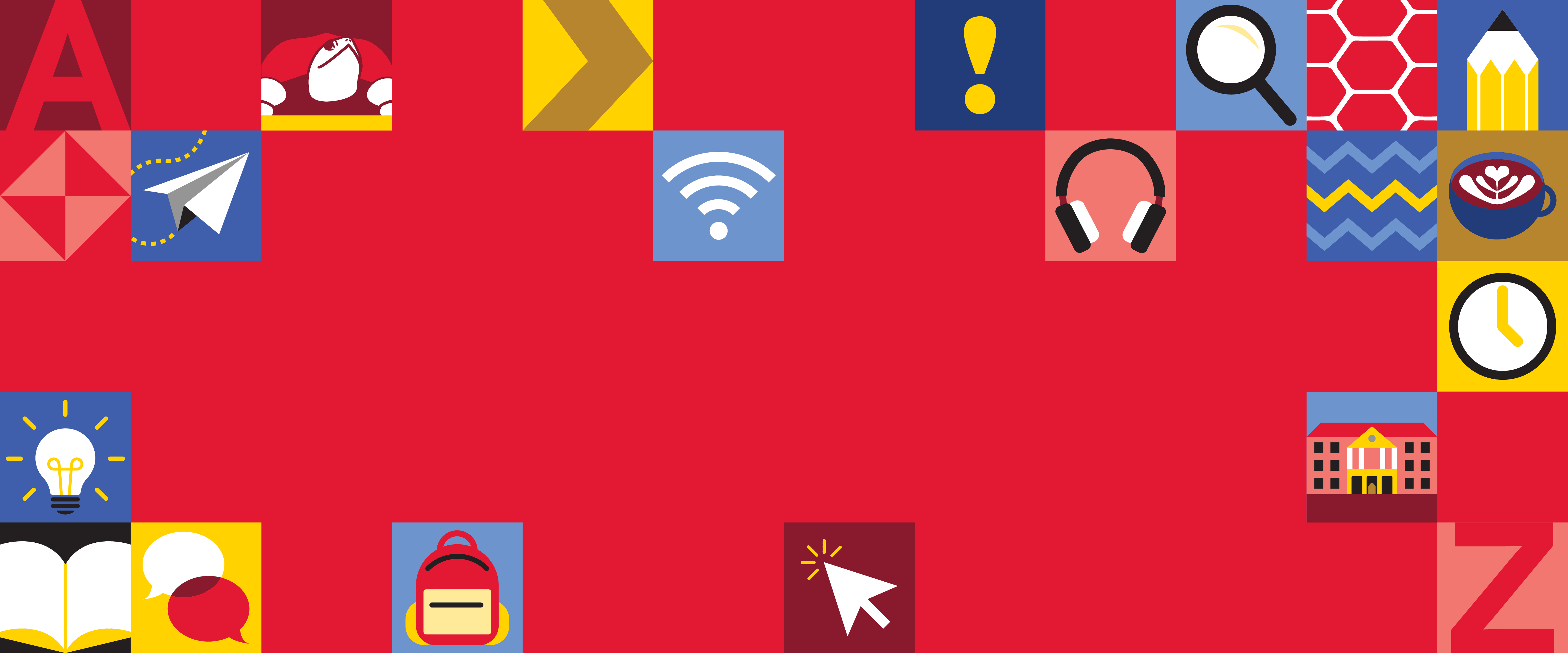 Stylized icons on a red background.