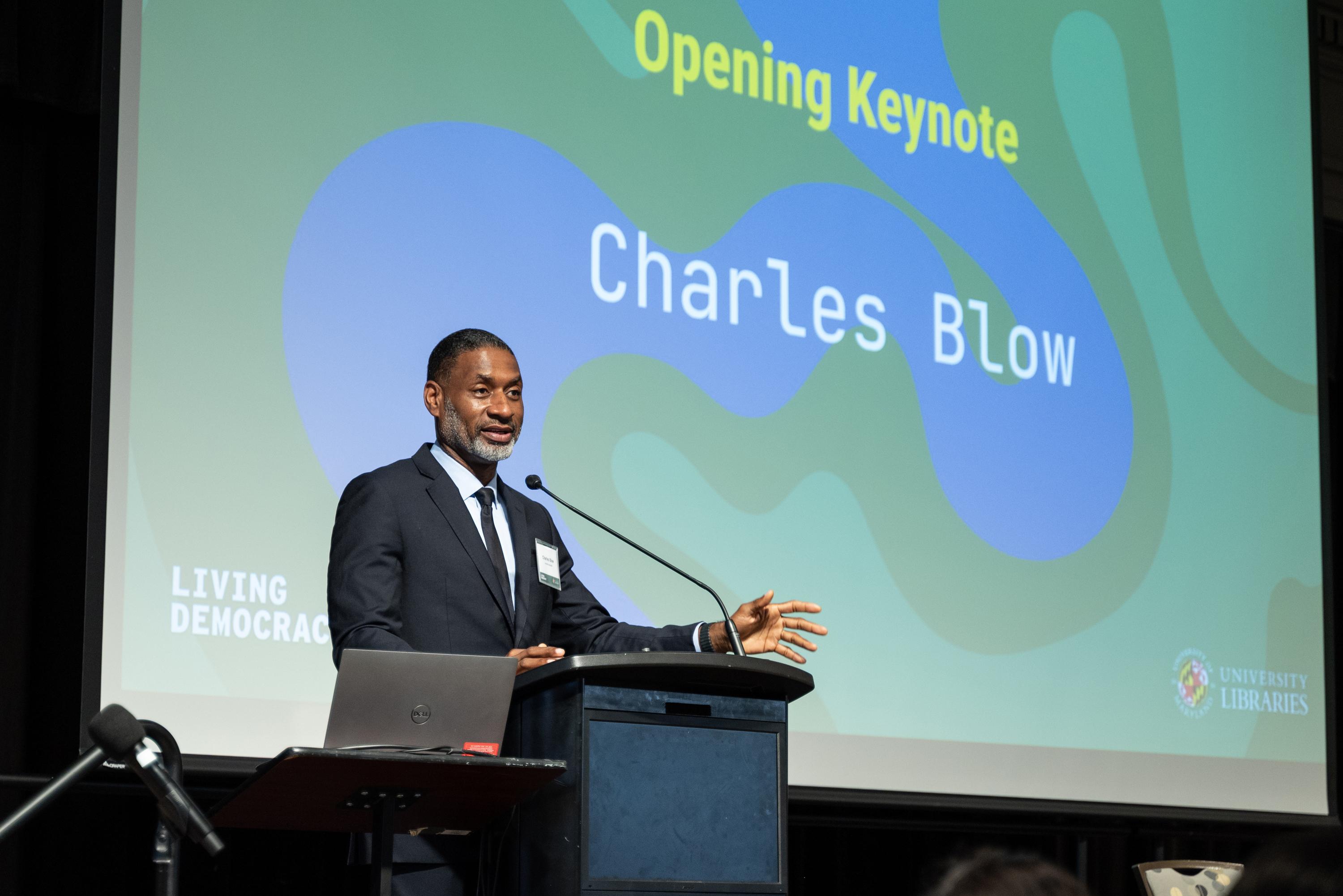 Opening keynote speaker, Charles Blow, at the Living Democracy Symposium.