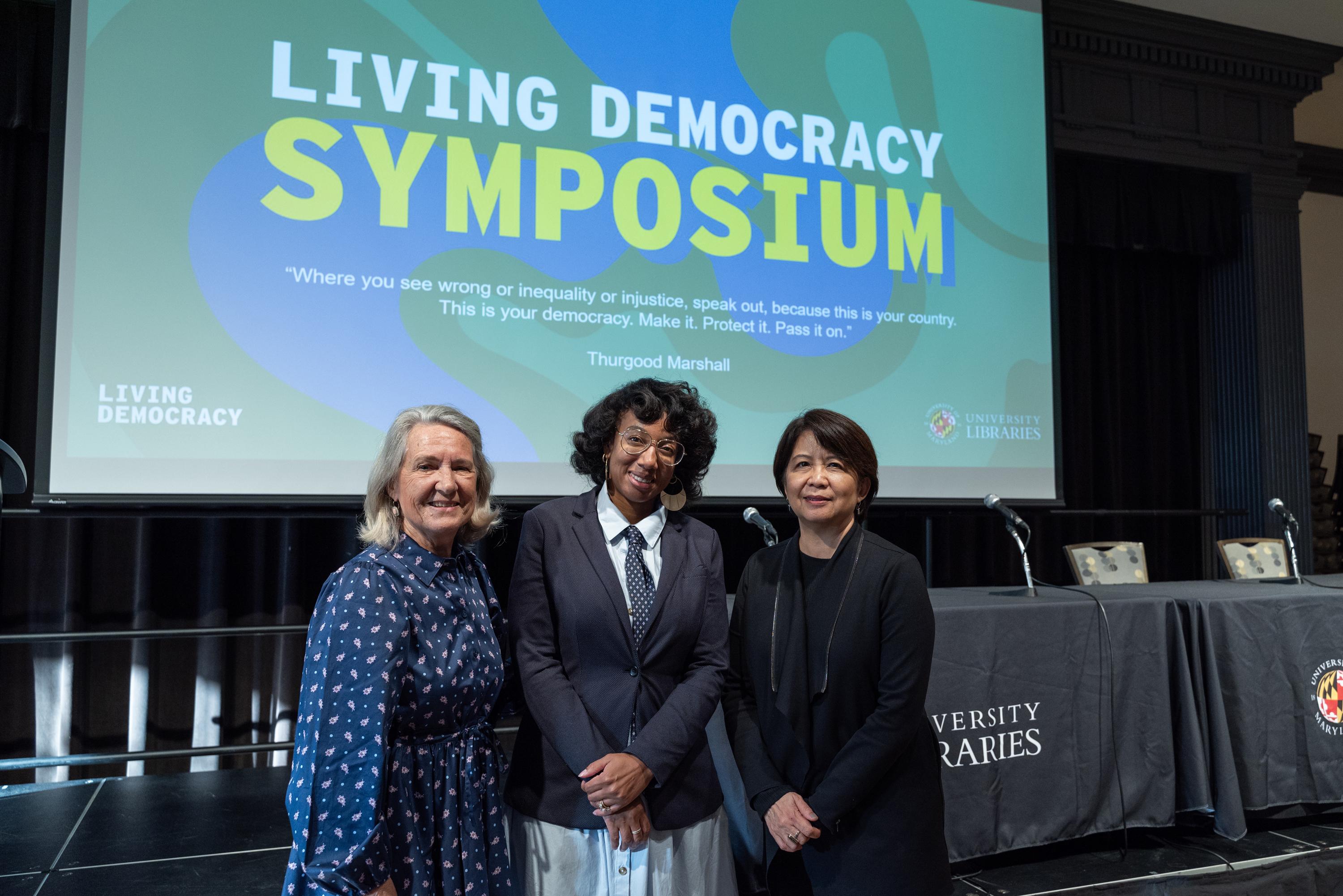 Left to right: Ilona Hogan, Lae'l Hughes-Watkins, and Adriene Lim at the Living Democracy Symposium.