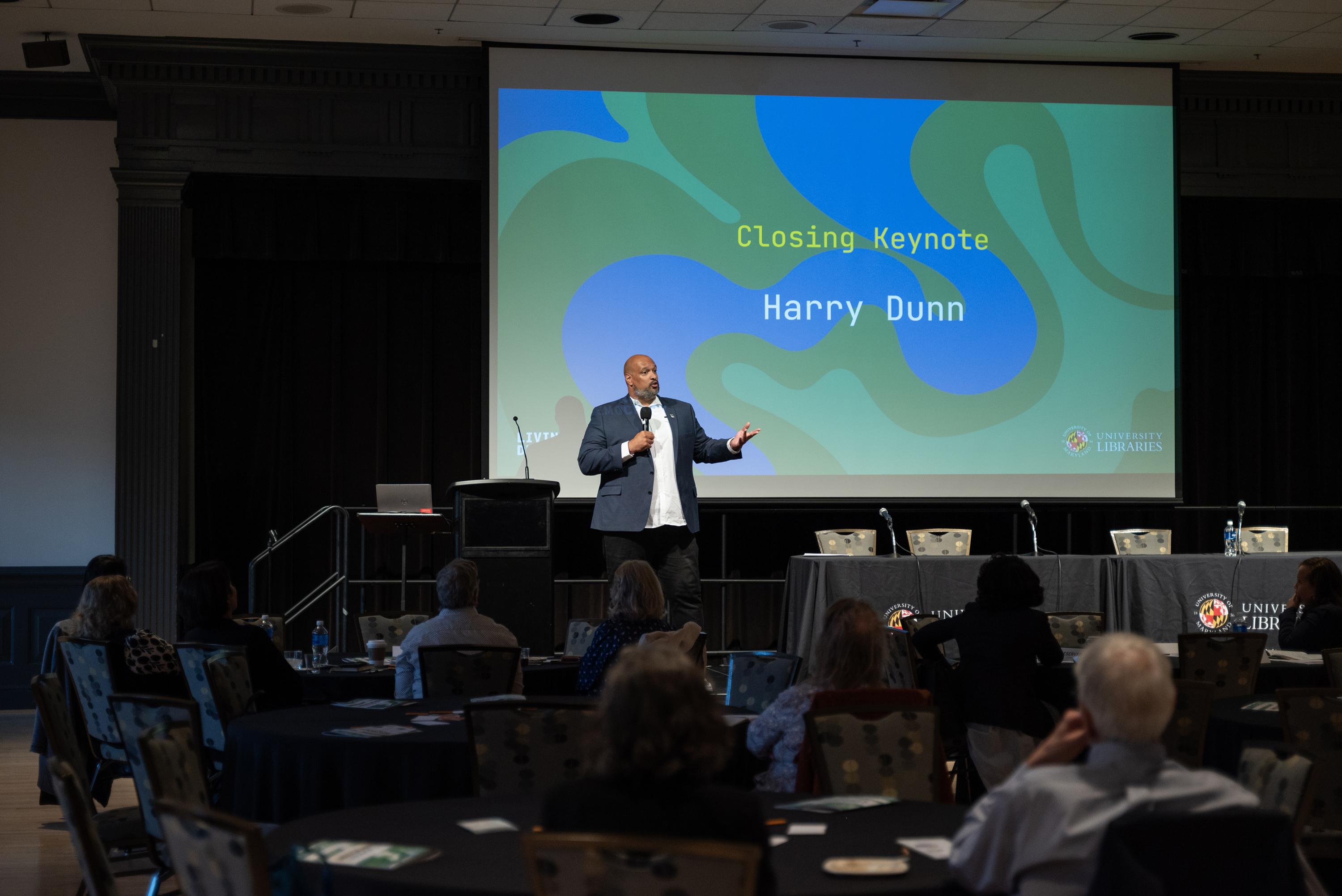 Closing Keynote speaker, Harry Dunn, at the Living Democracy Symposium.