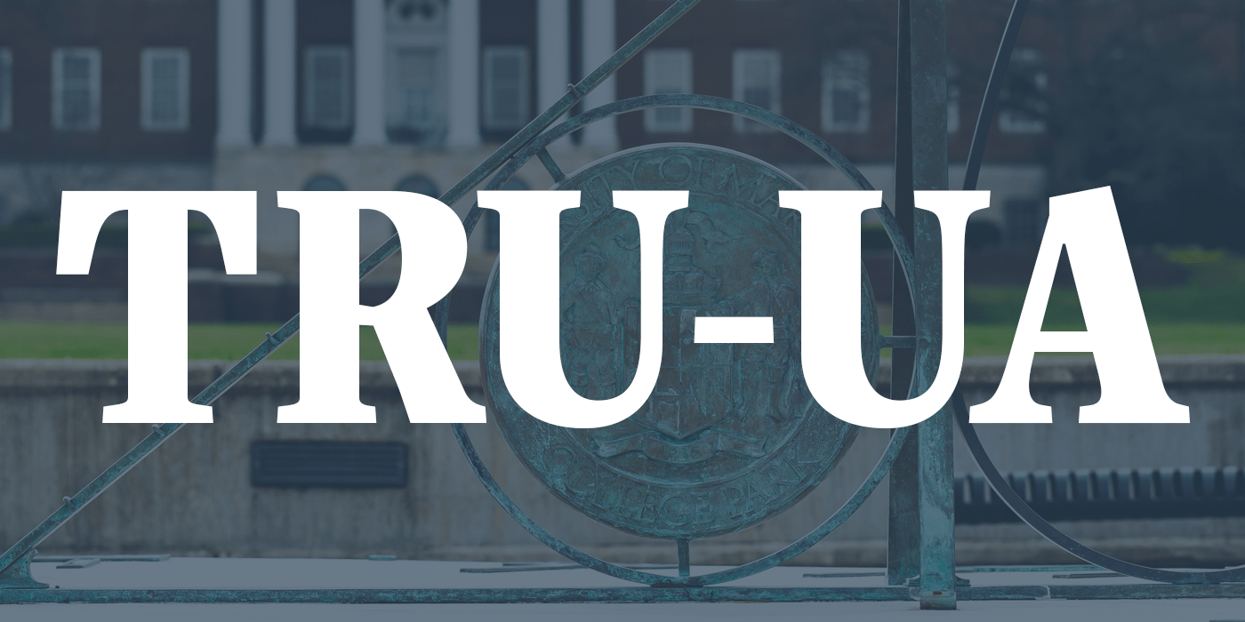 Text "TRU-UA" overlaying a photo of the sundial with McKeldin Library in the background.