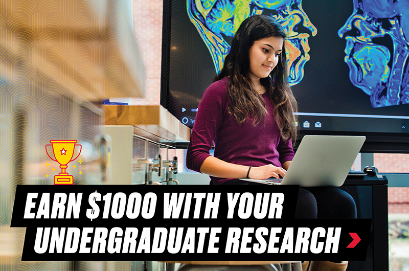 Woman on a computer with text "Earn $1000 with your undergraduate research"