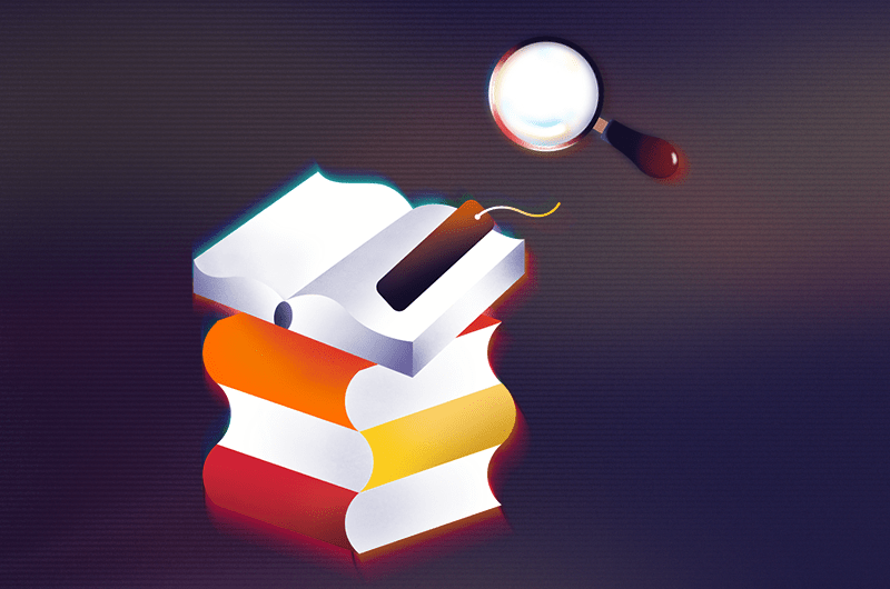 Graphic of books and magnifying glass.