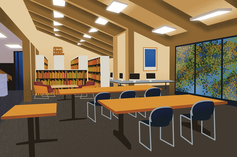Drawing of the interior of the Architecture Library.