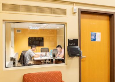 Two students can be seen through a window working around a table in a closed room. There is a monitor mounted on the wall opposite the window. A small plaque beside the door reads "Group Study"